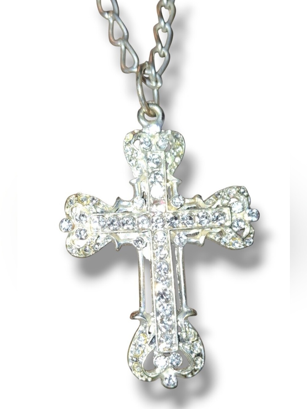 Crystal Silver Vatican Cross Pendant Necklace  Two Strand